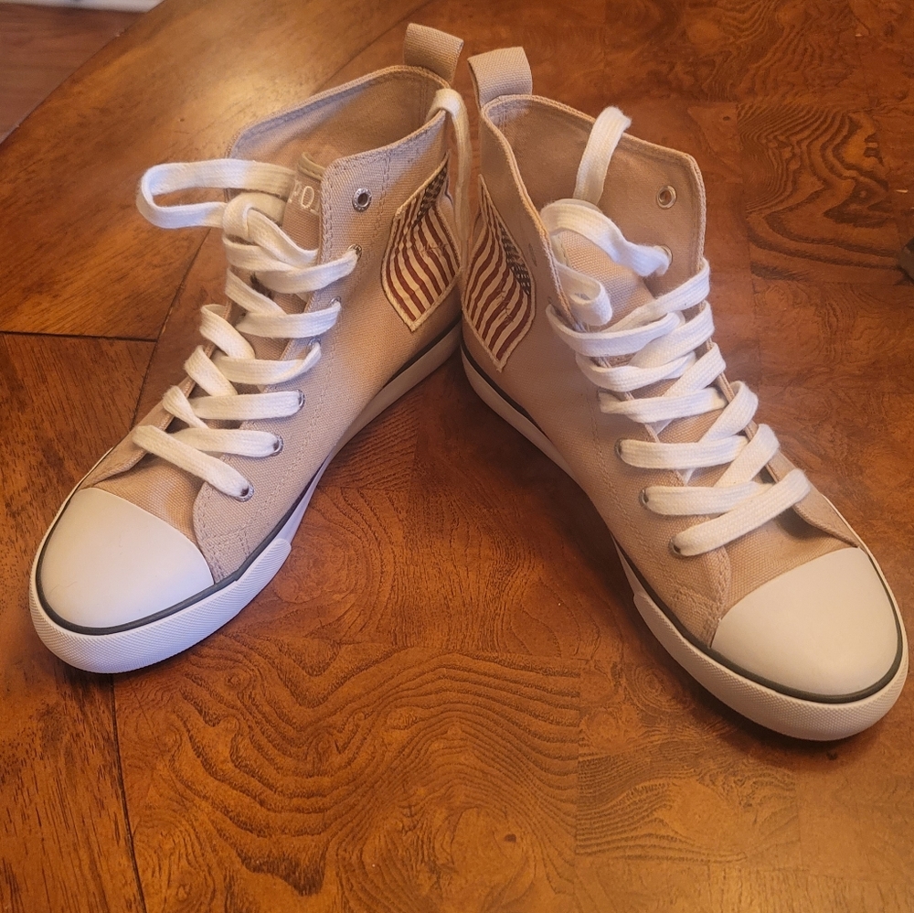 Polo Ralph Lauren Tan Red Blue White High Top Sneakers Size 6/8